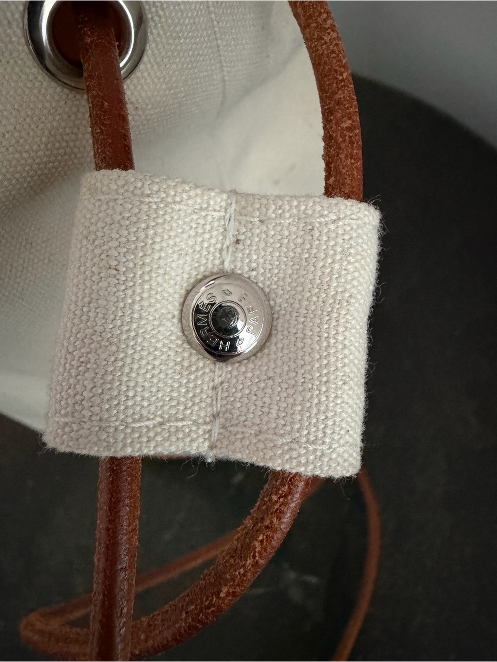 Hermes Cream Canvas Bucket Bag w/ Brown Leather Drawstring - Authentic Pre-Loved - Picture 11 of 11